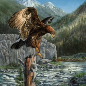 An eagle descends to land on a tree
