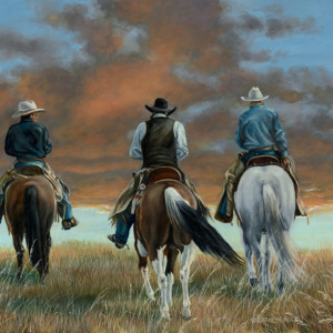 Three cowboys ride off into the sunset