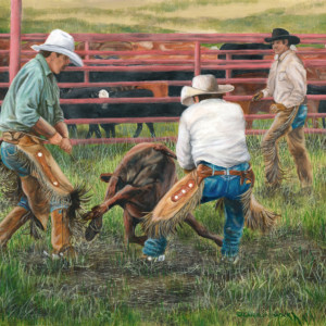 Three cowboys tie up a calf