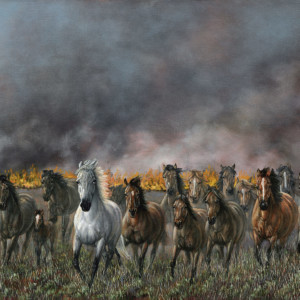 Horses run as the field behind them is consumed by fire