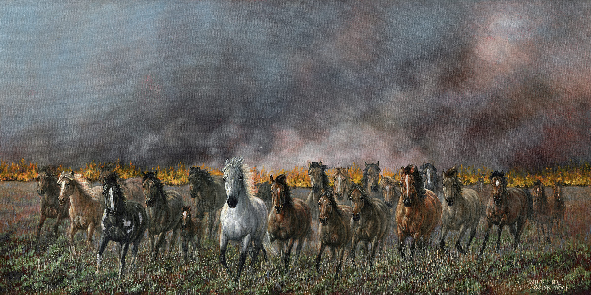Horses run as the field behind them is consumed by fire