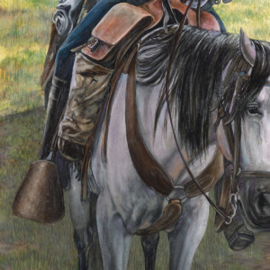 A man aims his gun while riding on horseback.